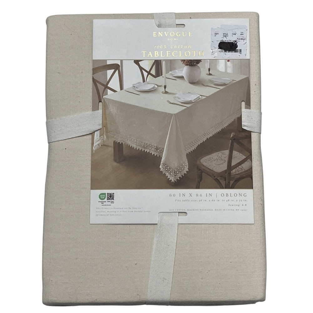 Envogue Tablecloth Ivory Woven Cotton Crochet Trim‎ Oblong Farmhouse Country